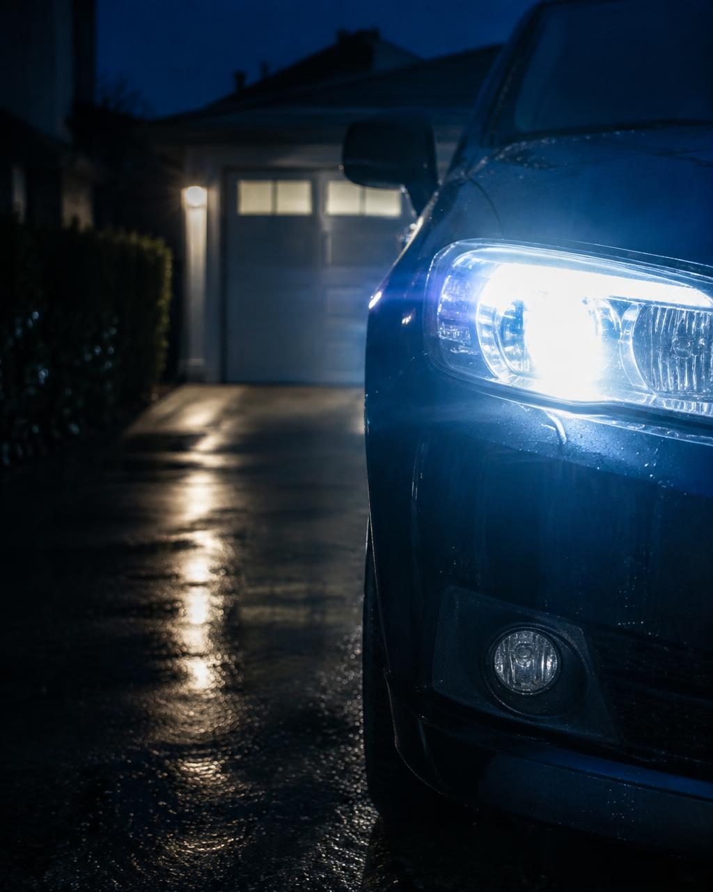 Restored headlight throwing a clear beam in a driveway at night in Greenville, TX